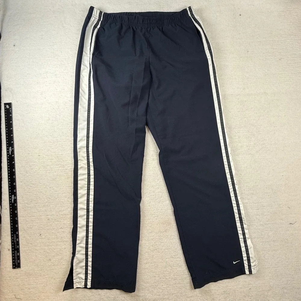Nike Youth Large Navy Blue White Striped Track Pants Swoosh L 12-14 Y2K gorpcore
